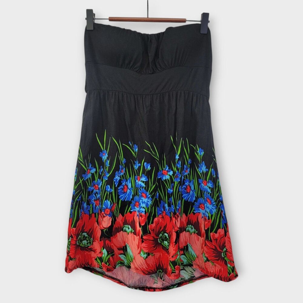 Y2K Strapless Babydoll Tunic Top‎ Size Large Tropical Floral Resort Festival
